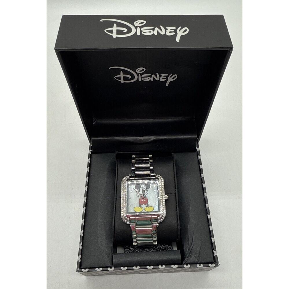 Disney Accutime Mickey Mouse Watch Silver Tone Rhinestones Japan Movement Works